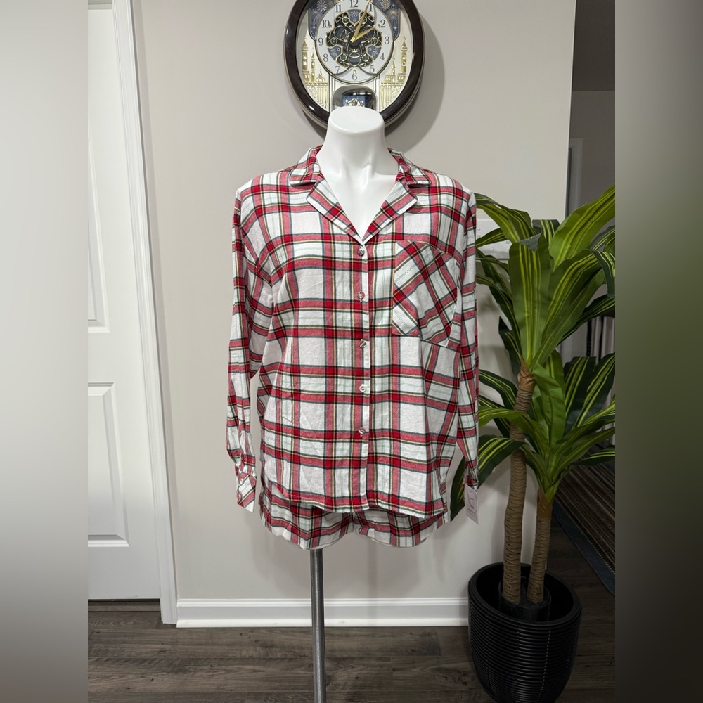 New Auden Women’s Long-Sleeve Top & Shorts Pajama Set red cream plaid X-small